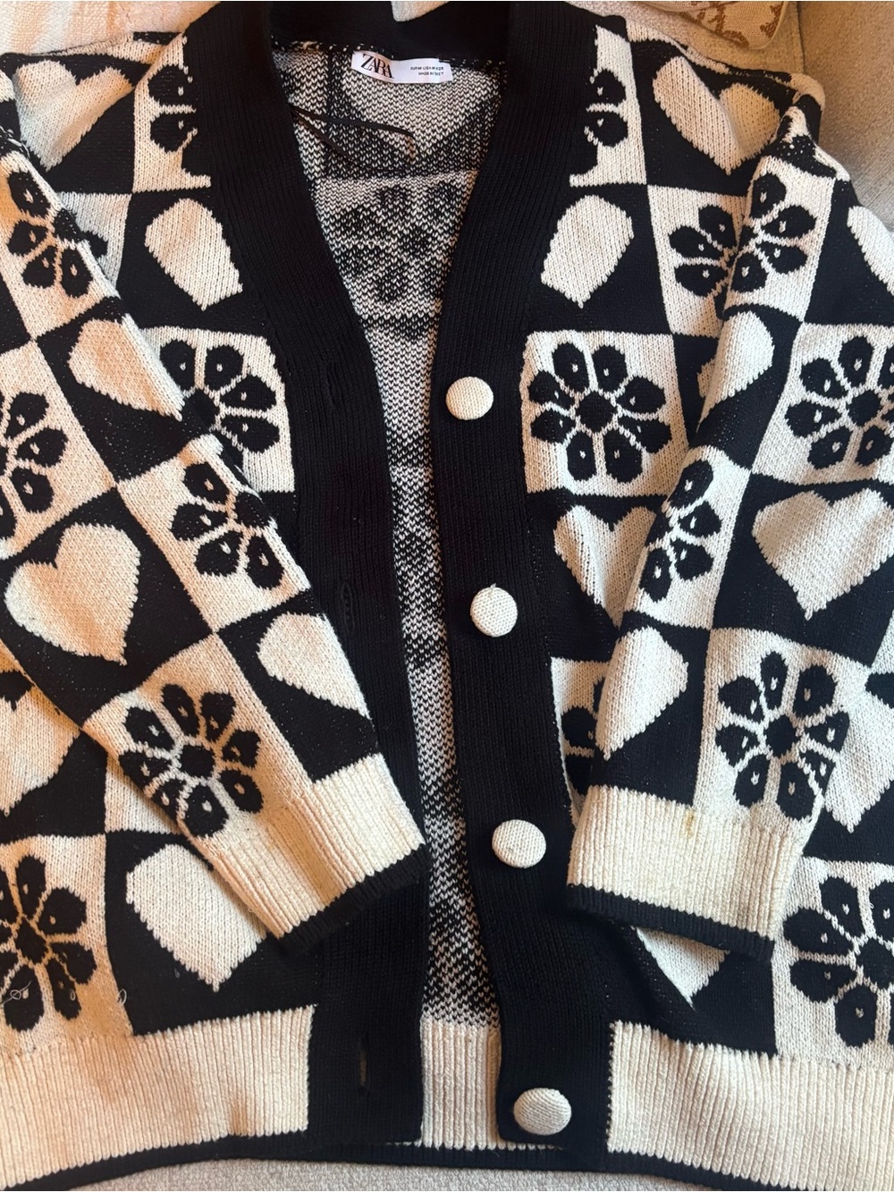 Zara Black and Cream Heart & Floral Check Cardigan Size M